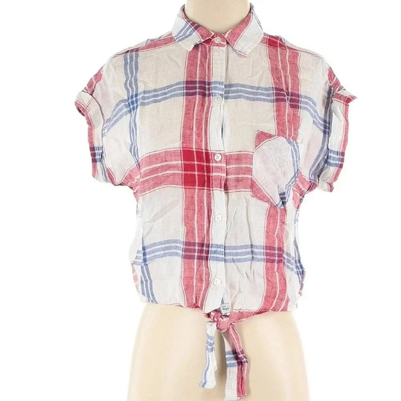 Rails Amelie Linen Plaid Tie Front Crop Button Down Top Red White Blue Size XS - Picture 3 of 6